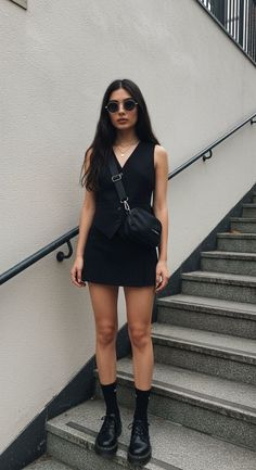 Woman in a black vest and mini skirt with sunglasses standing on stairs