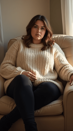 Woman with long hair in a chunky knit sweater sitting in an armchair