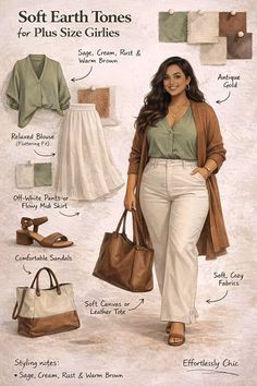 Illustration of a woman in earth tones with various clothing items and accessories