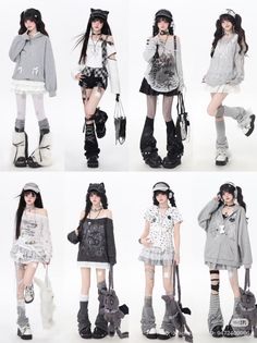 Eight women in various gray and white alternative fashion outfits