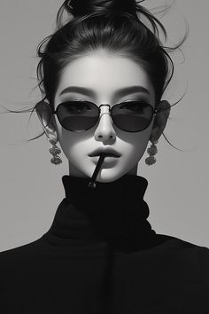 Black and white portrait of a woman in sunglasses and a turtleneck