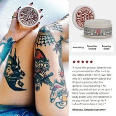 Person holding a tattoo care product, showing their tattooed legs