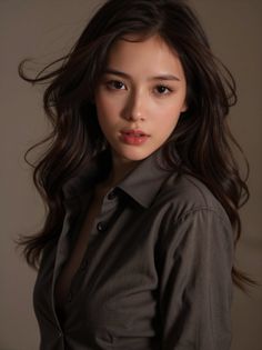 Woman with long wavy hair wearing an unbuttoned shirt, upper body portrait