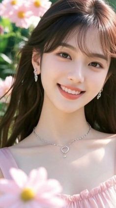 Smiling woman with long hair wearing a pink dress and jewelry outdoors with flowers