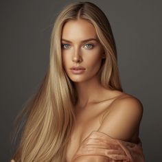 Woman with long blonde hair and blue eyes, draped in fabric, looking at viewer