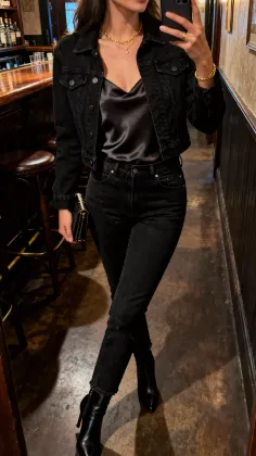 Woman in a black denim jacket and jeans with a satin top in a bar