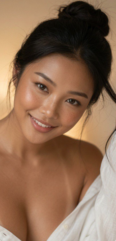 Smiling woman with a hair bun and freckles wearing an unbuttoned white shirt