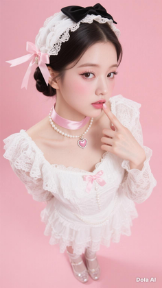 Woman in a white lace dress with pink accessories and soft lighting