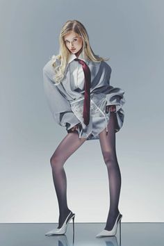 Blonde woman in an oversized shirt, red tie, and lace lingerie with black pantyhose