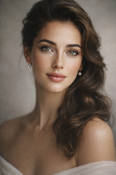 Woman with long wavy hair and green eyes wearing pearl earrings