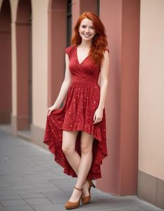 Woman with long red hair in a red high-low dress and heels outdoors