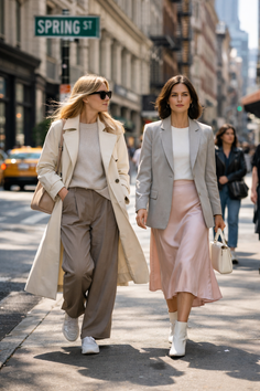 Two women walking on a city street in stylish outfits during the day