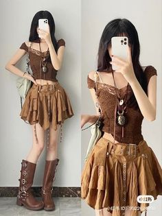 Woman in a brown top, mini skirt, and tall boots posing indoors