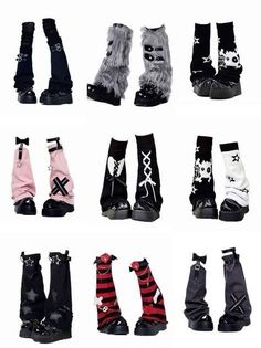 Collection of various gothic and punk style leg warmers and platform shoes