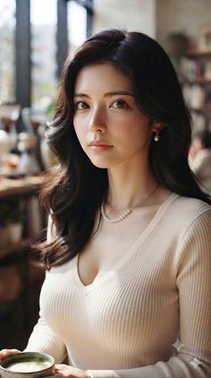 Woman with long dark hair wearing a pearl necklace and v-neck top indoors