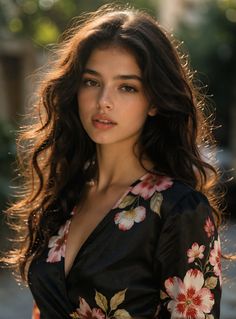 Woman with long wavy hair in a floral dress with backlight