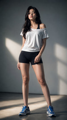 Woman in a white t-shirt and black shorts standing indoors with soft lighting
