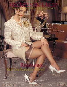 Woman in a jacket and skirt with stockings and high heels in an indoor setting