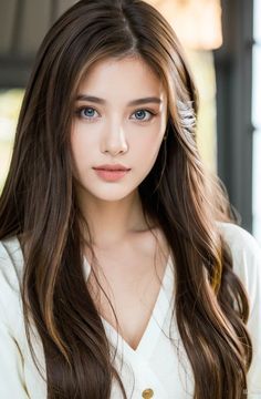 Woman with long brown hair and blue eyes wearing a white top