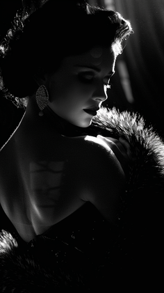 Woman with an updo and fur collar in dramatic backlight, black and white