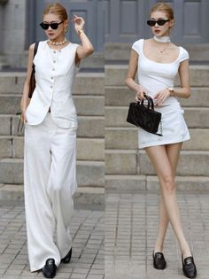 Woman in two different white outfits, one with pants and one with a skirt