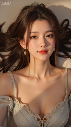 Woman with long brown hair and earrings, showing cleavage in soft lighting