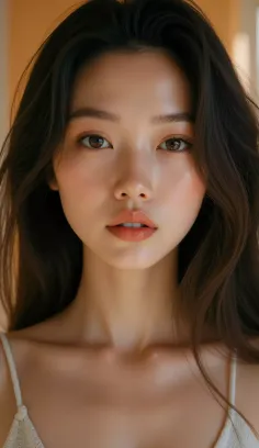 Close-up portrait of a woman with long dark hair and soft lighting