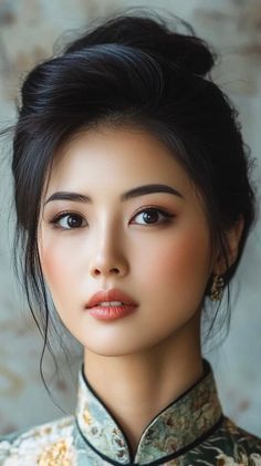 Woman with an updo wearing a cheongsam and earrings