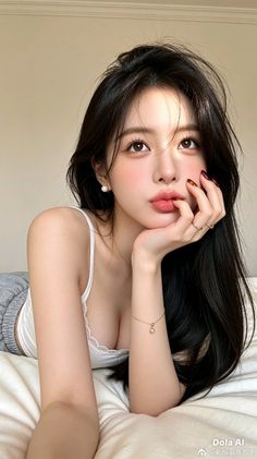 Woman with long black hair wearing a white camisole, lying down indoors
