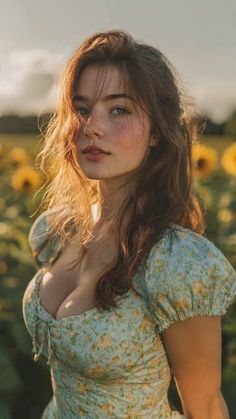 Woman with long hair and freckles in a floral dress in a sunflower field