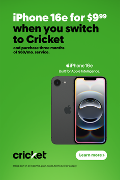 Advertisement for iPhone 16e on Cricket Wireless with a green background