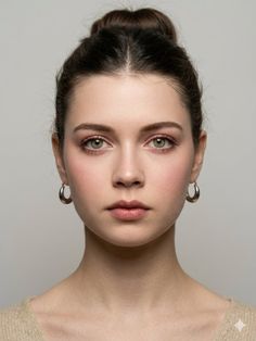Woman with green eyes and a hair bun wearing hoop earrings