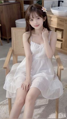 Woman in a white dress sitting on a wooden chair indoors