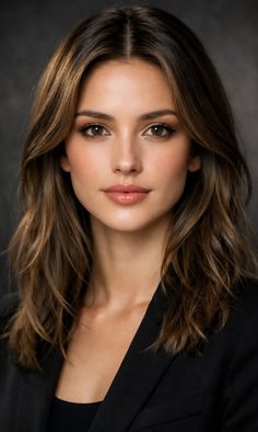 Woman with long brown hair wearing a black blazer, looking directly at the camera