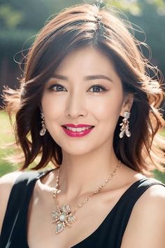 Woman with short wavy hair and bright lipstick wearing jewelry outdoors