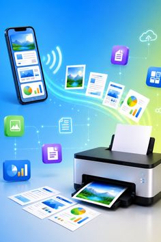 Smartphone wirelessly connected to a printer, with documents and icons floating around