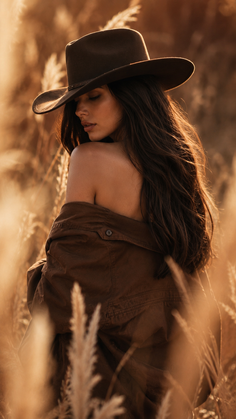 Woman in a cowboy hat with exposed shoulders in a field at golden hour