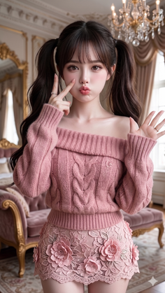 Woman with pigtails in a pink off-shoulder sweater and lace floral skirt