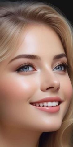 Close up portrait of a smiling woman with blonde hair and blue eyes