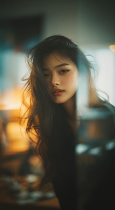 Woman with long dark hair looking directly at the viewer with soft lighting