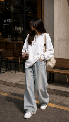 Woman in an oversized sweatshirt and baggy jeans holding a coffee cup on a street