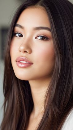 Woman with long dark hair and glossy lips in a soft-lit portrait