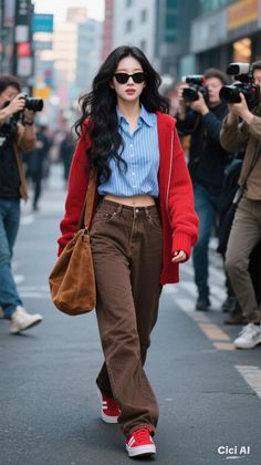 Woman with long black hair and sunglasses walking on a city street