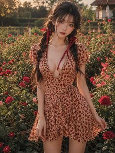 Woman in a floral dress with braided hair and red ribbons in a rose garden