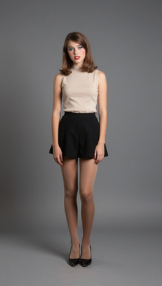 Woman in a sleeveless top and black shorts with pantyhose and high heels