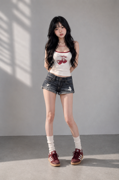 Woman with long black hair wearing a white tank top and denim shorts indoors