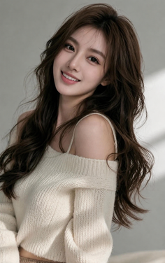 Woman with long brown hair wearing an off-shoulder sweater in a studio