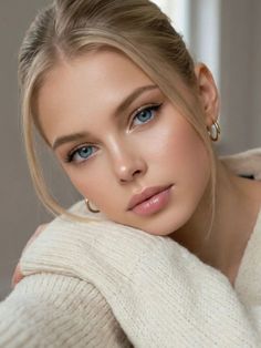 Blonde woman with blue eyes wearing a cream sweater and hoop earrings