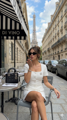 Woman in a white dress blowing a kiss at an outdoor cafe with the Eiffel Tower in the background