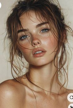 Realistic portrait of a woman with wet hair and freckles